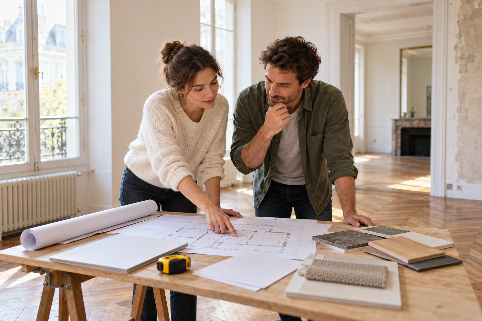 Un couple &eacute;tudie un plan et des &eacute;chantillons pour pr&eacute;parer la r&eacute;novation d&rsquo;un logement.