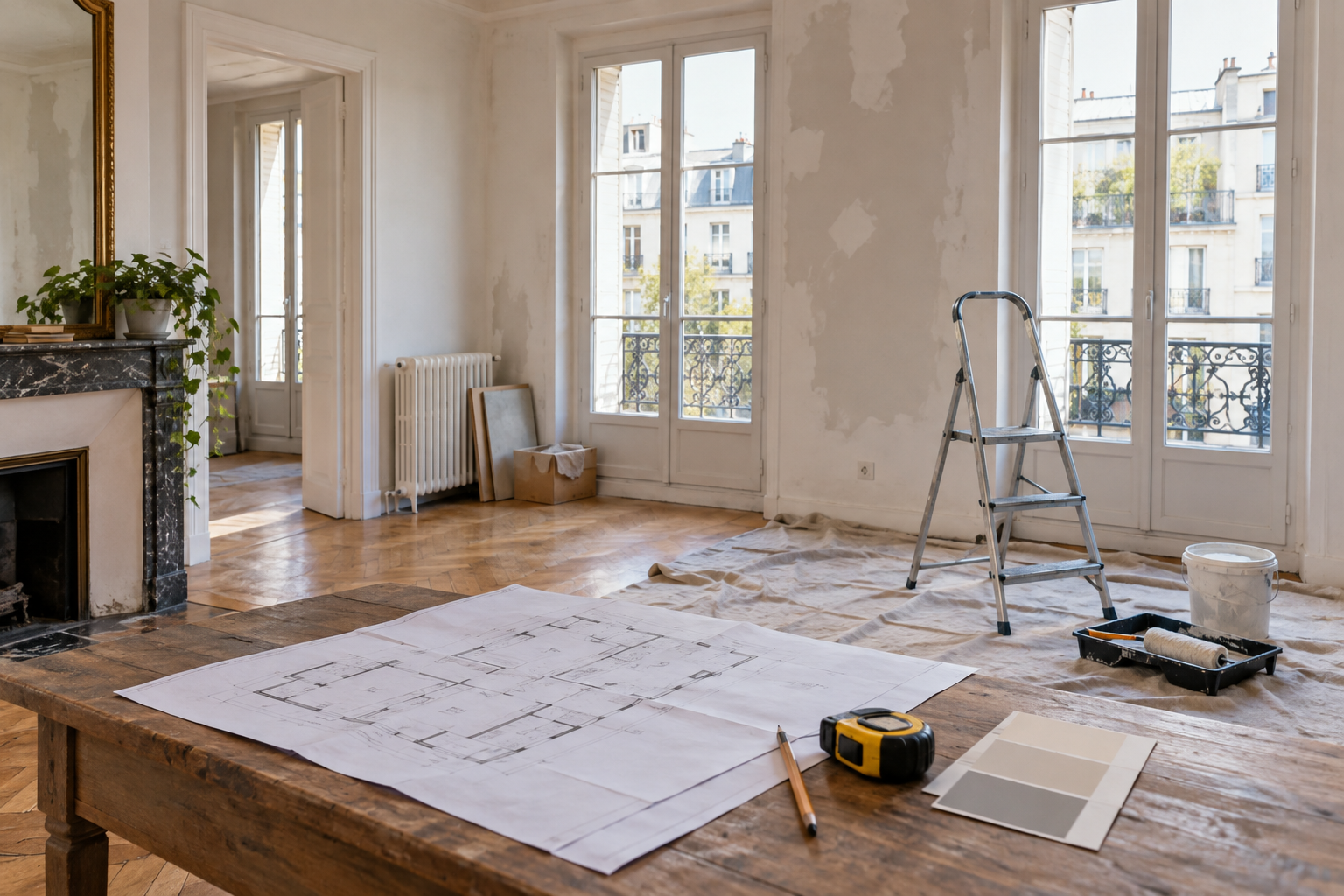 Préparer le financement d’un achat avec travaux Appartement en rénovation avec plans et matériel de travaux — illustration générée par IA