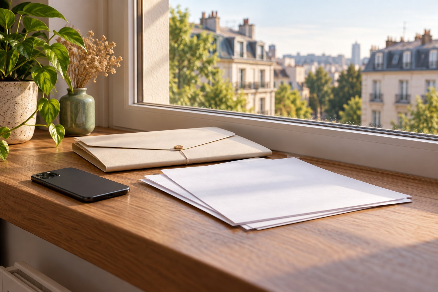 Un t&eacute;l&eacute;phone et des documents r&eacute;unis pour pr&eacute;parer un &eacute;change sur un financement immobilier.