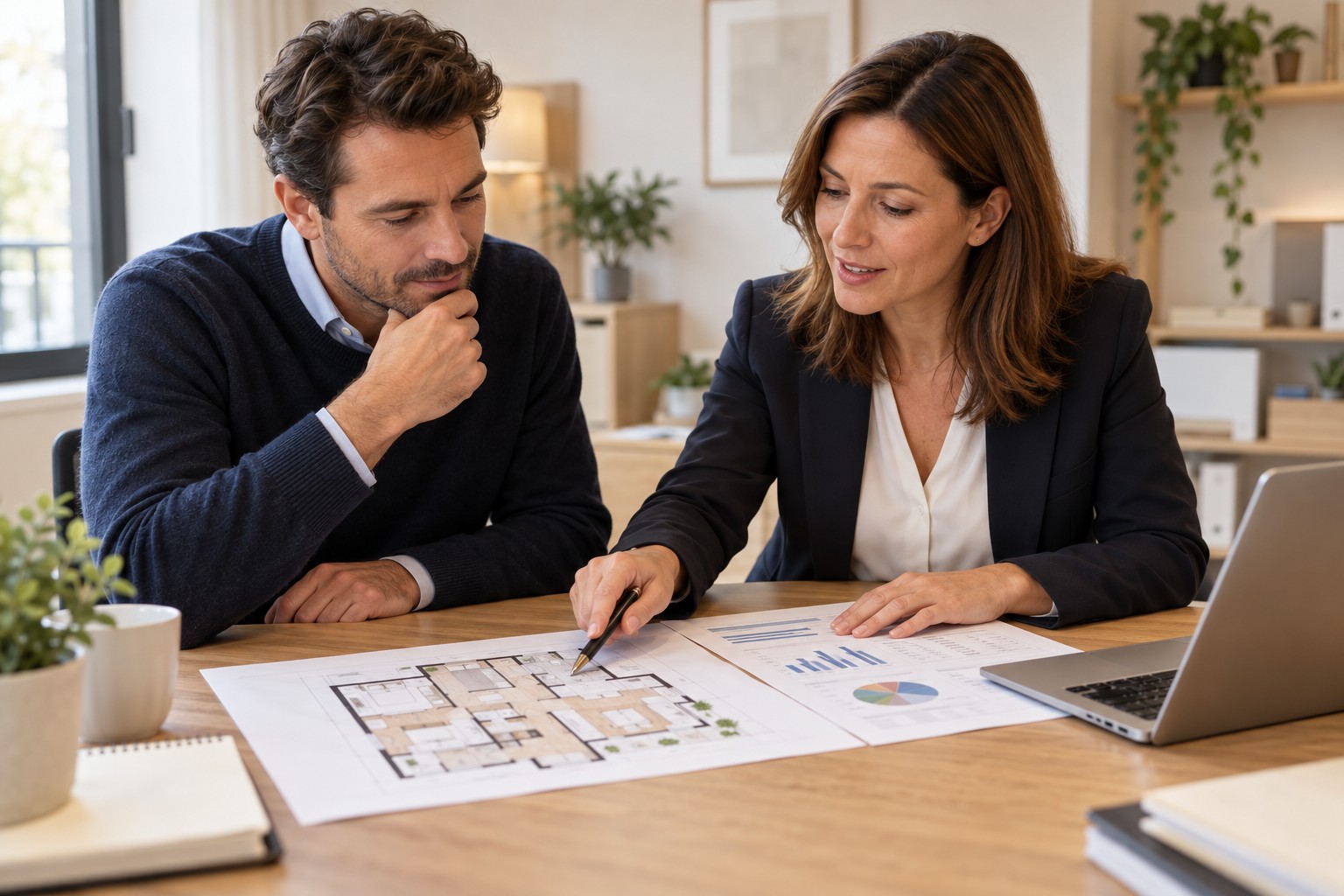 Préparer le financement d’un investissement locatif Un investisseur examine le budget d’un achat locatif avec une professionnelle du financement.