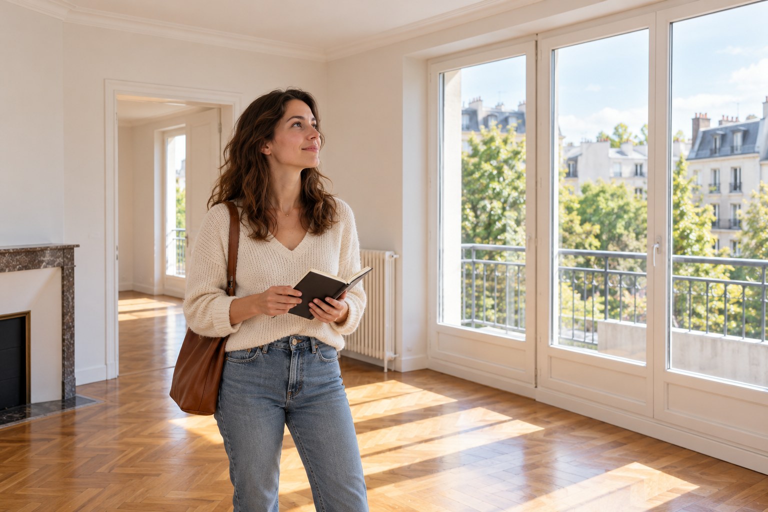 Préparer son premier achat dans les Hauts-de-Seine Une jeune acheteuse découvre un appartement lumineux lors d’une visite.