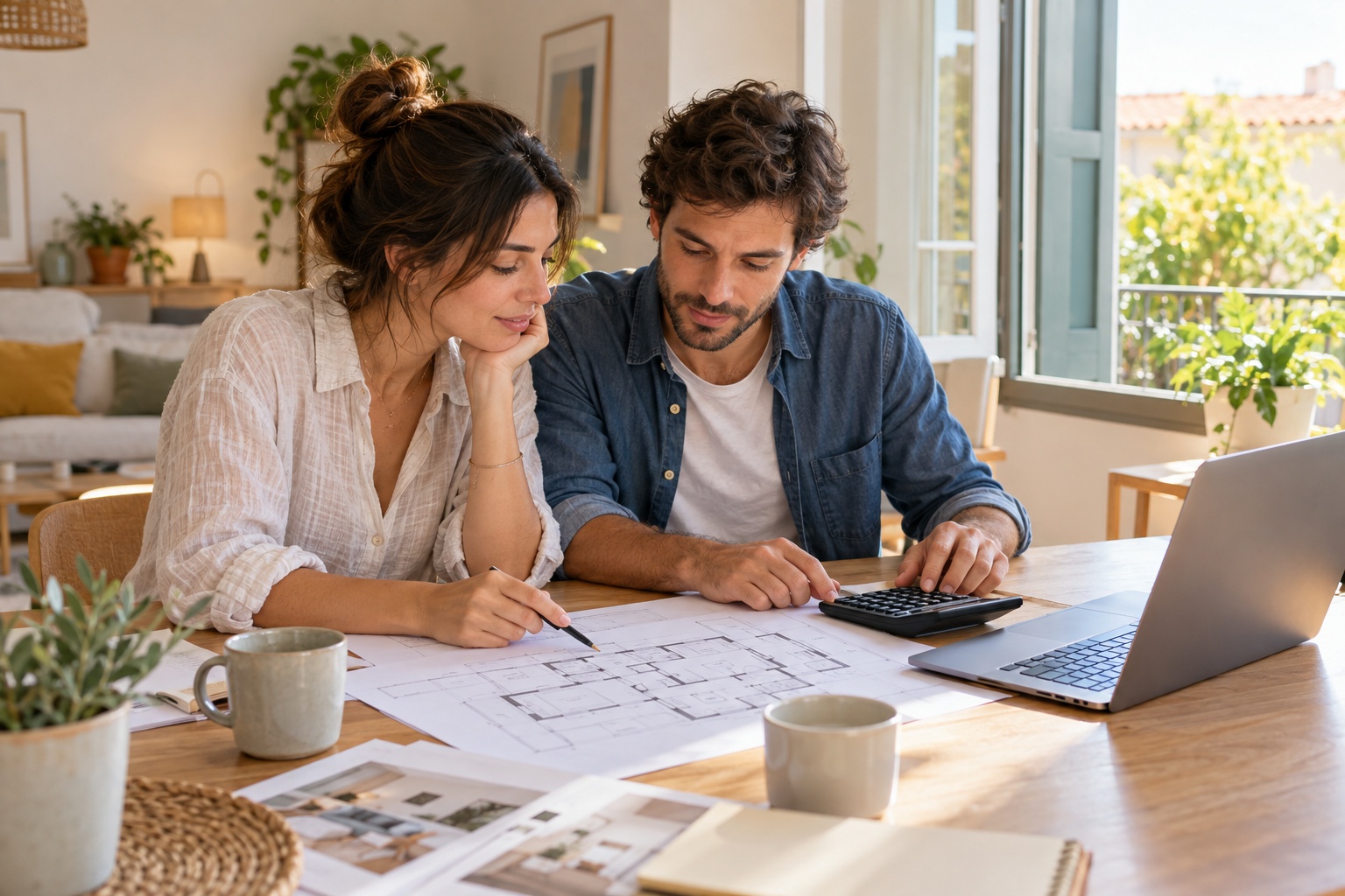 Préparer son premier achat immobilier Un couple prépare le budget de son premier achat immobilier autour de plans de logement.