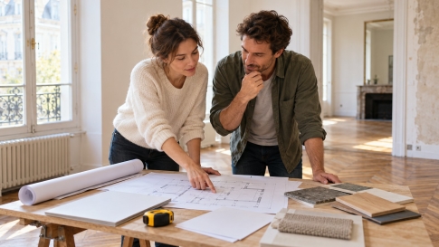 Un couple étudie un plan et des échantillons pour préparer la rénovation d’un logement.