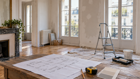 Appartement en rénovation avec plans et matériel de travaux — illustration générée par IA