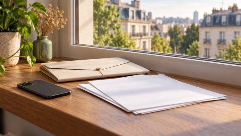 Un téléphone et des documents réunis pour préparer un échange sur un financement immobilier.