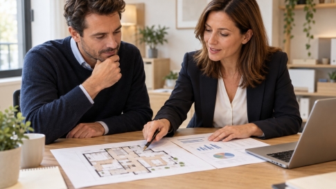 Un investisseur examine le budget d’un achat locatif avec une professionnelle du financement.