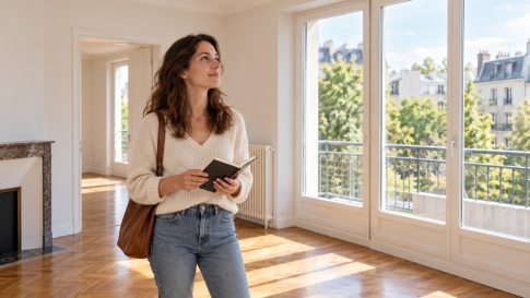 Une jeune acheteuse découvre un appartement lumineux lors d’une visite.