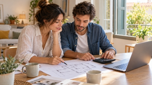 Un couple prépare le budget de son premier achat immobilier autour de plans de logement.